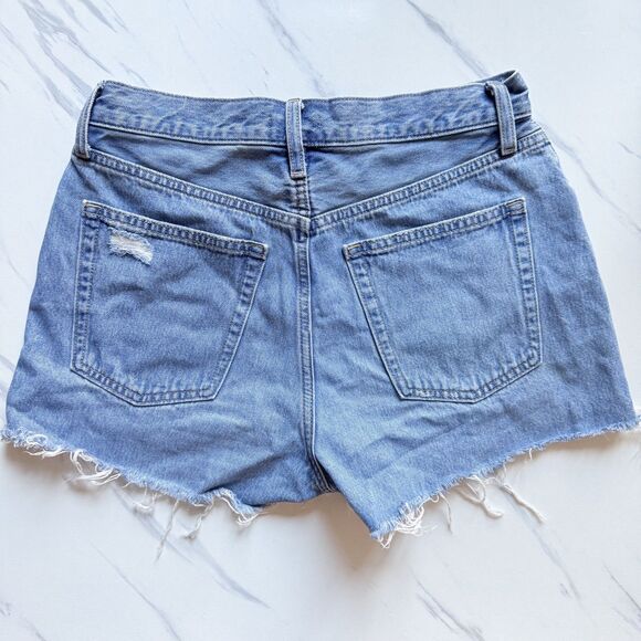 EUC Uniqlo Shorts Womens 25 Blue Denim Jean High Rise Cutoff Distressed Pockets - Picture 5 of 14